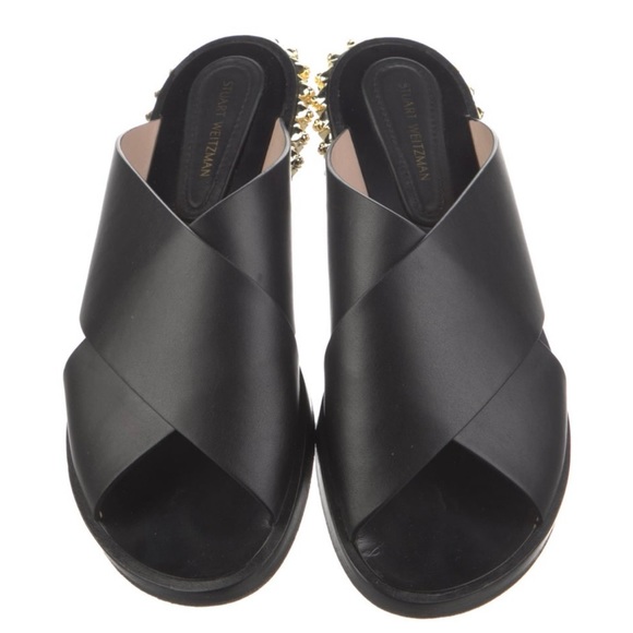 Stuart Weitzman black leather slides, with studded embellishment - Picture 2 of 4